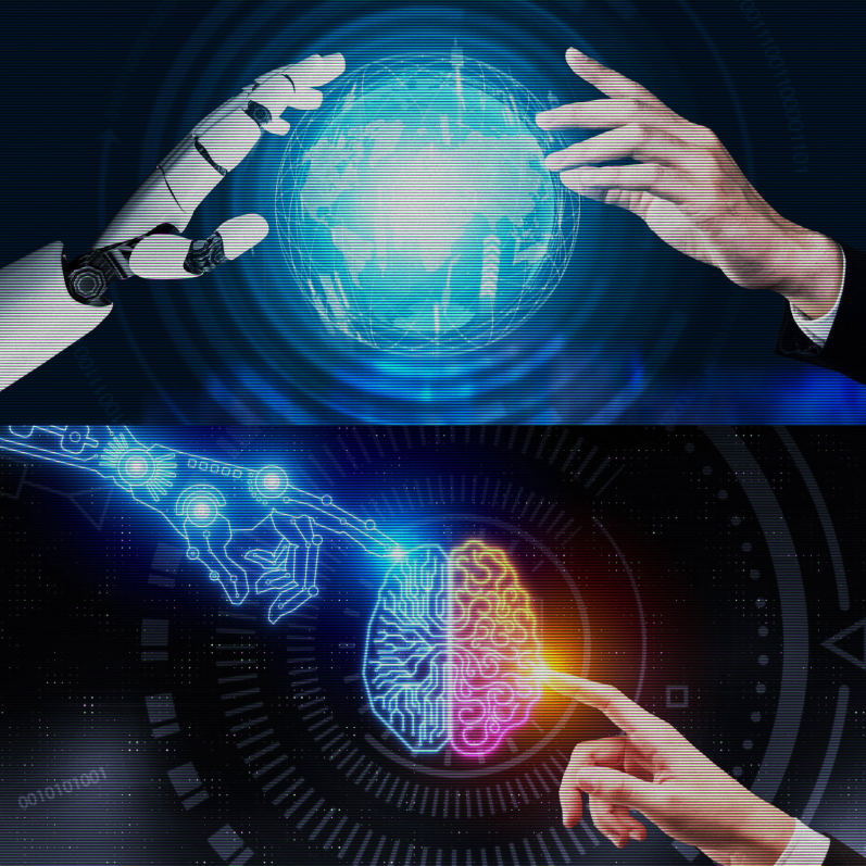 AI employee A robotic hand and a human hand reaching towards a glowing brain symbolizing AI and humanity.